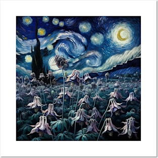 Enchanted Flower Garden Night: Columbine Starry Floral Posters and Art